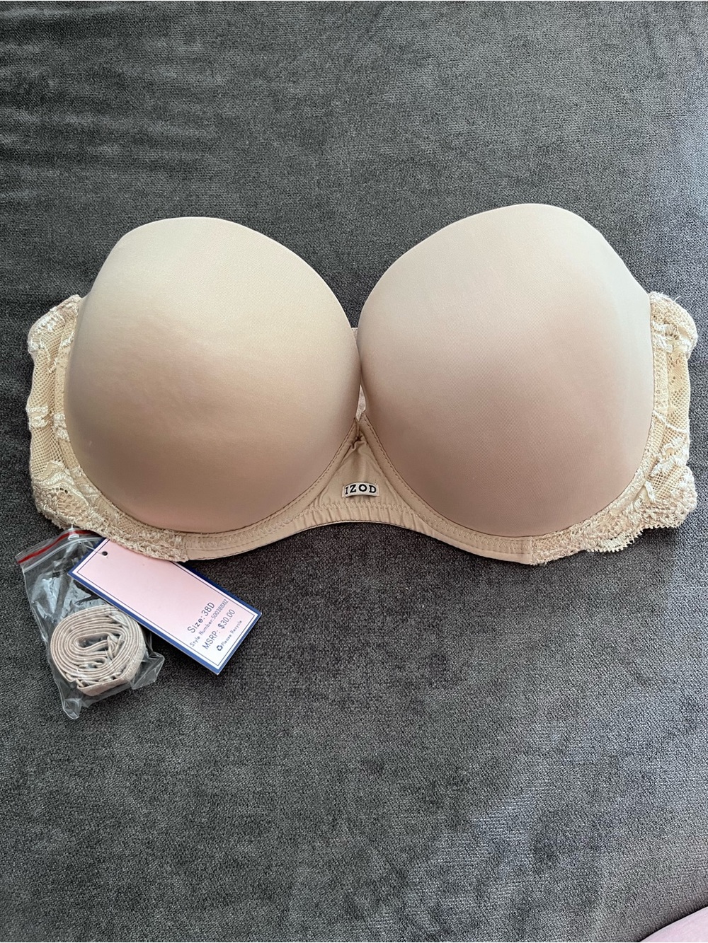 Izod Strapless Lace-Trim Bandeau Bra - Nude/Beige